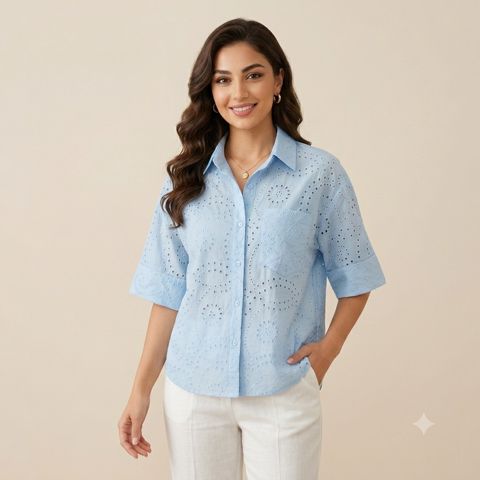 Qadınlar üçün qısaqol köynək 2441192, mavi, kətan, ölçü One size — Bakı
