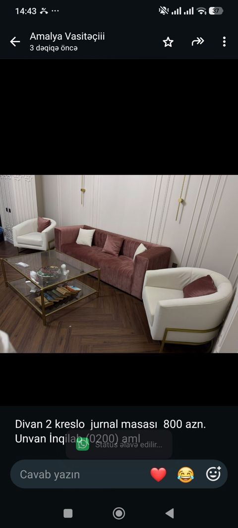 Divan 2 kreslo jurnal masası 800 azn. Unvan İnqilab (0200) aml — Bakı