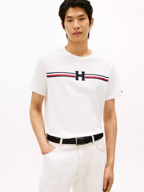 Kişilər üçün futbolka Tommy Hilfiger Signature H Stripe Ecru, ağ, pambıq, ölçü М — Bakı