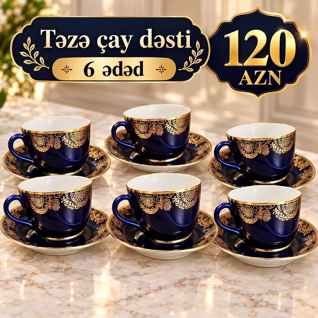Çay dəsti, rəng - Göy, Keramika, 6 nəfərlik — Süfrə qabı, Bakı