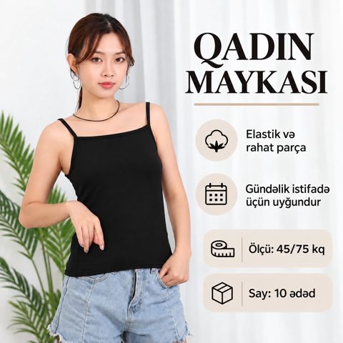 Qadın üçün mayka, pambıq, qara, 10 əd, ölçü One size — Bakı