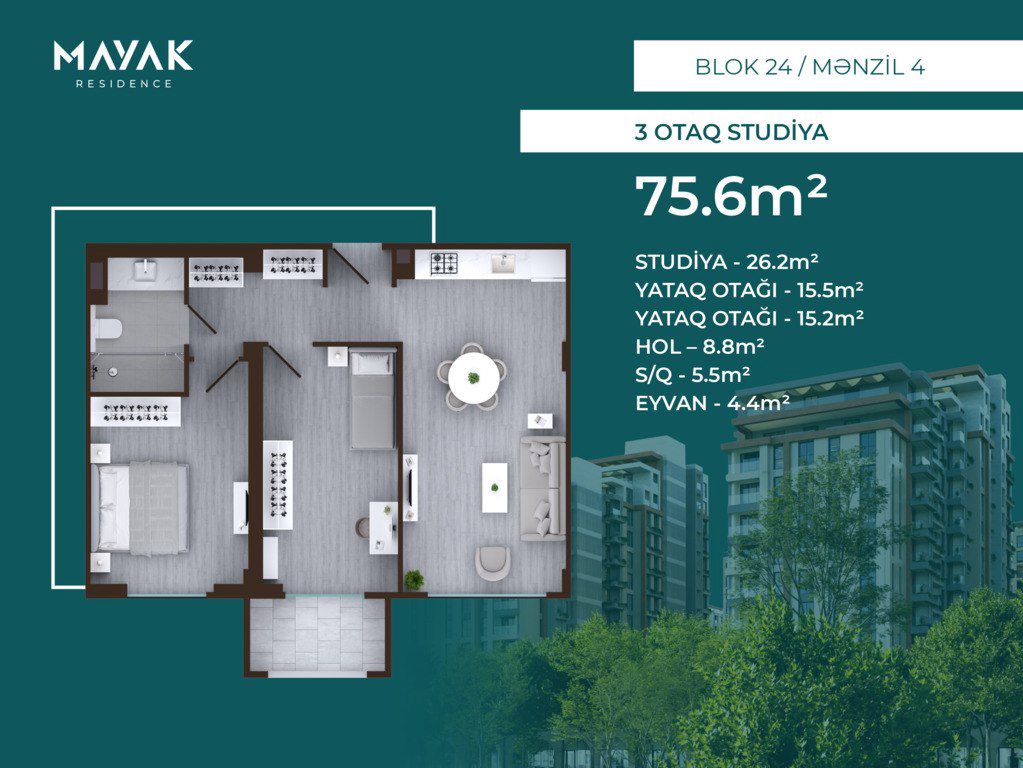 Satılır 3 otaqlı yeni tikili 75.6 m² — Mənzil, Bakı (2)