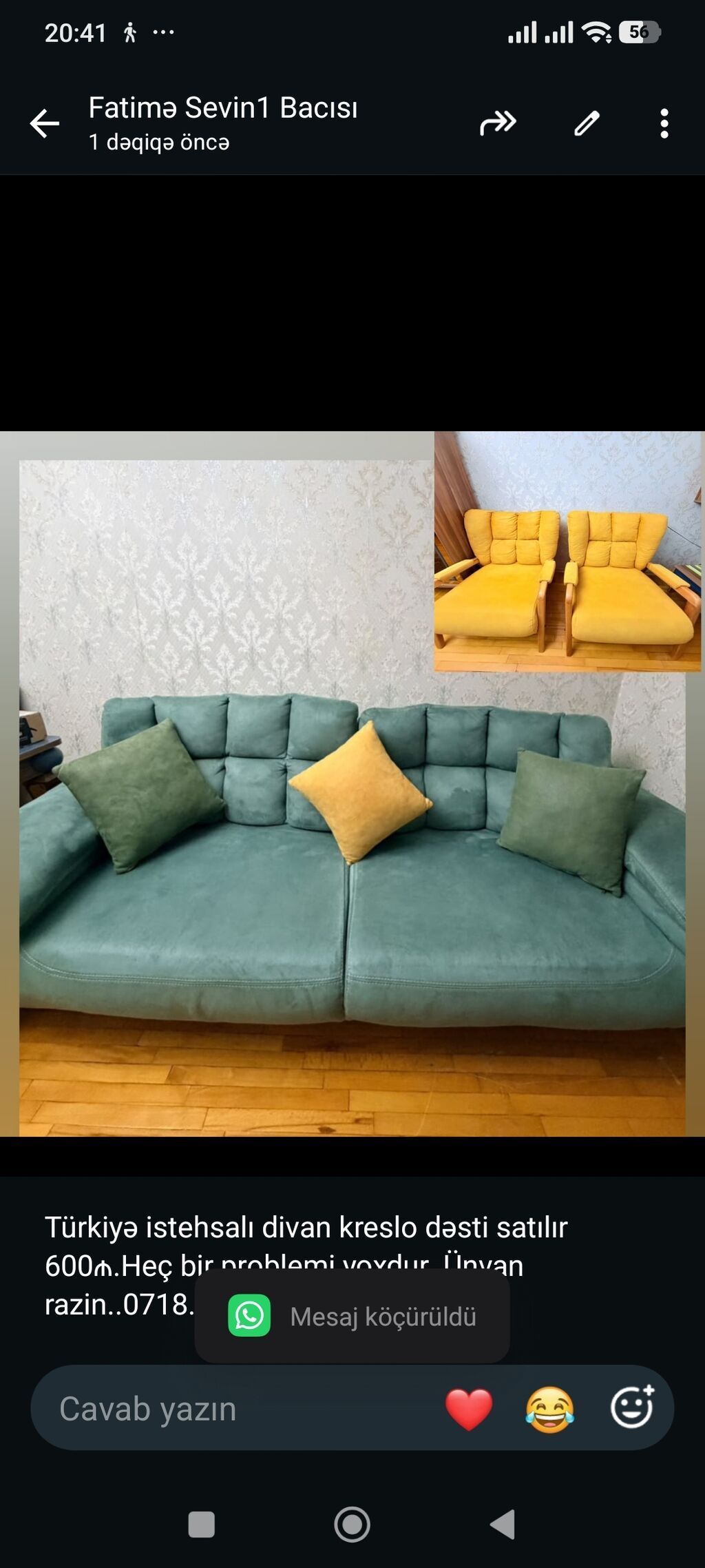 Türkiyə istehsalı divan kreslo dəsti satılır 600₼.Heç bir problemi — Yumşaq mobilya dəstləri, Bakı