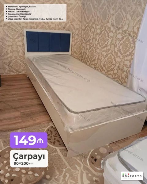 Çarpayı – 90×200 sm Model: Açılmayan, bazasız Sıyırma — Bakı