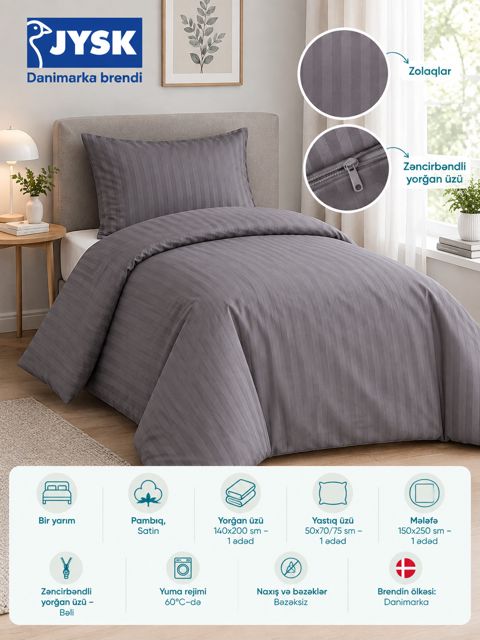Yataq dəsti Jysk Nell, yorğan üzü 140x200 sm, mələfə 150x250 sm, yastıq üzü 50x70/75 sm, bir yarım, pambıq/satin, boz — Bakı