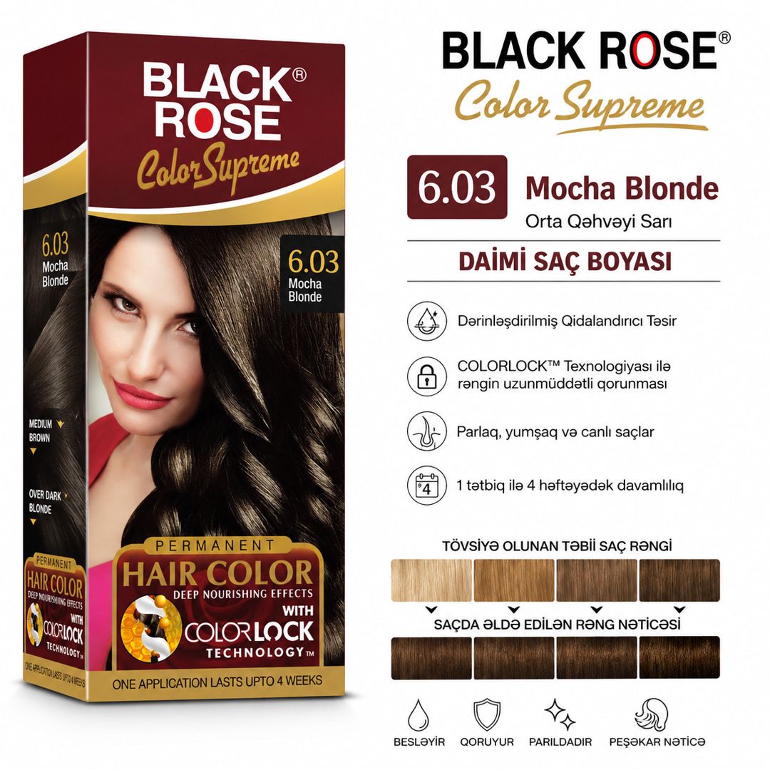 Saç boyası Black Rose Color Supreme 6.03 Mocha Blonde 100 ml — Mallar, Bakı