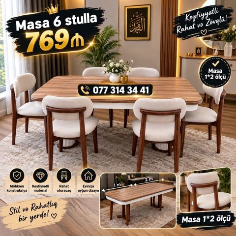 Masa və 6 stul dəsti - Masa ölçüsü: 1 m x 2 m - Material — Bakı