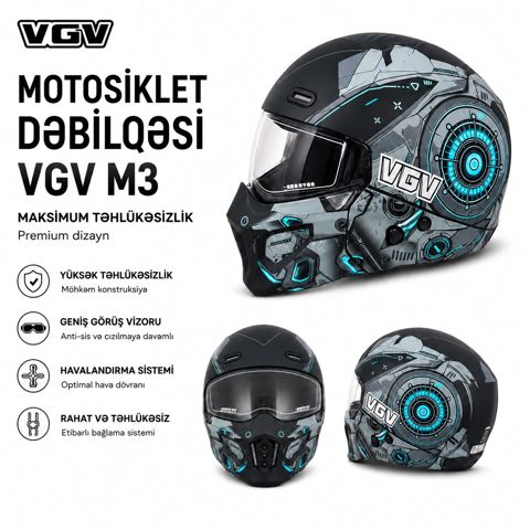 Motosikl dəbilqəsi, polikarbonat/ABS-plastik, boz-qara, ölçü One size — Bakı