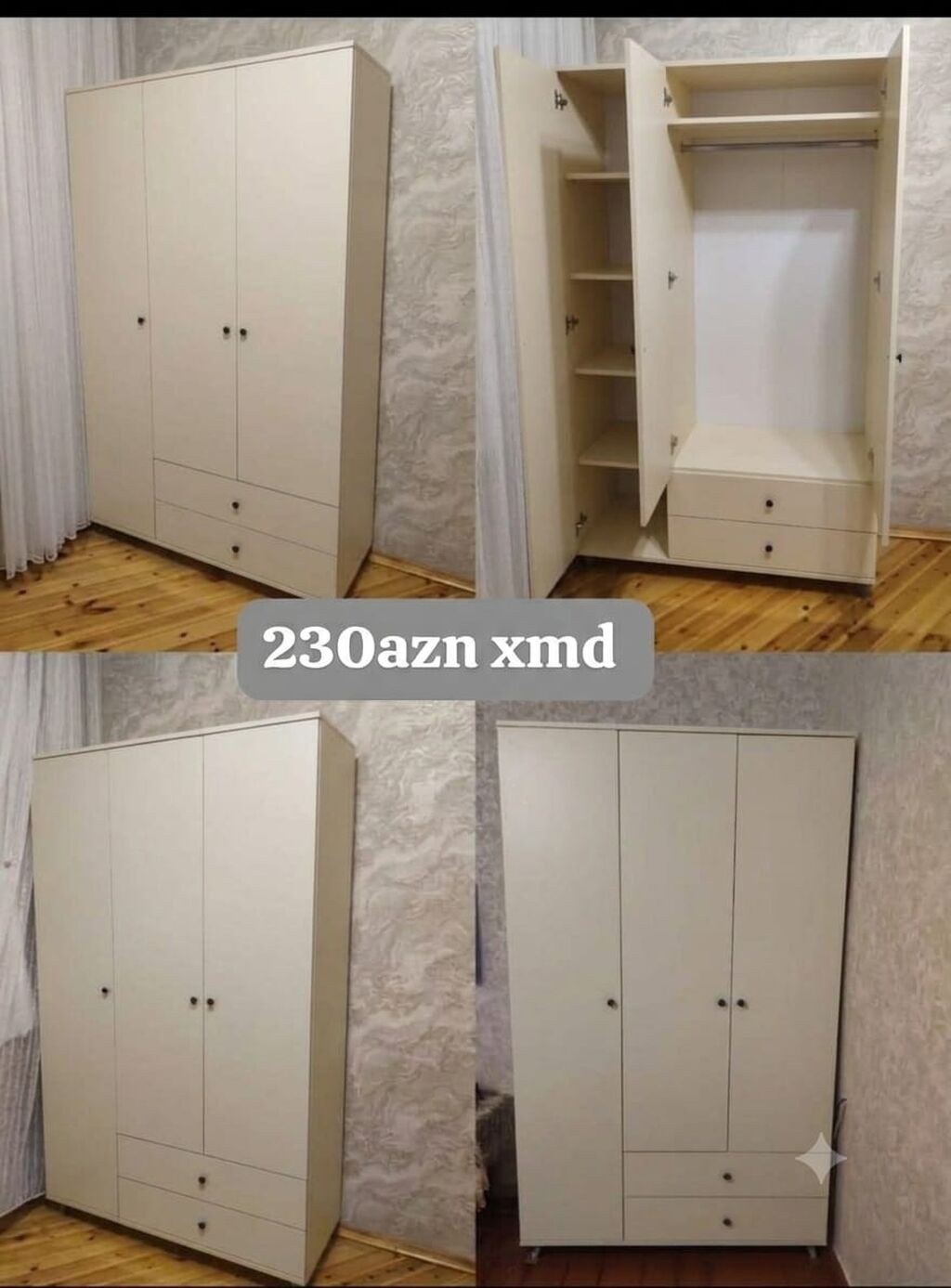 3 qapılı paltar dolabı - Rəng seçimləri: ağ, krem, boz - Daxili — Şkaflar, Bakı (2)