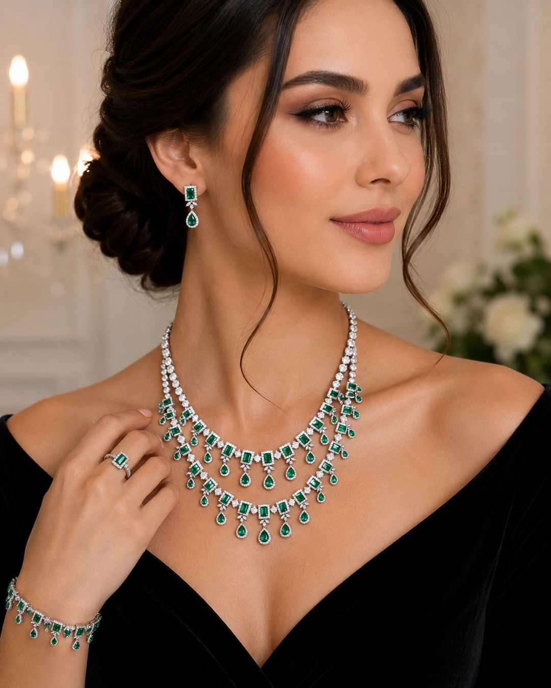 Premium Yaşıl Zirkon Daşlı Lüks Zinət Dəsti Boyunbağı, Sırğa, Üzük və Bilərzik Komplekti, Gümüş Rəng Elegant Xanım Aksesuarı, Toy və Xüsusi Günlər üçün Premium Hədiyyə Seti — Mallar, Bakı (2)