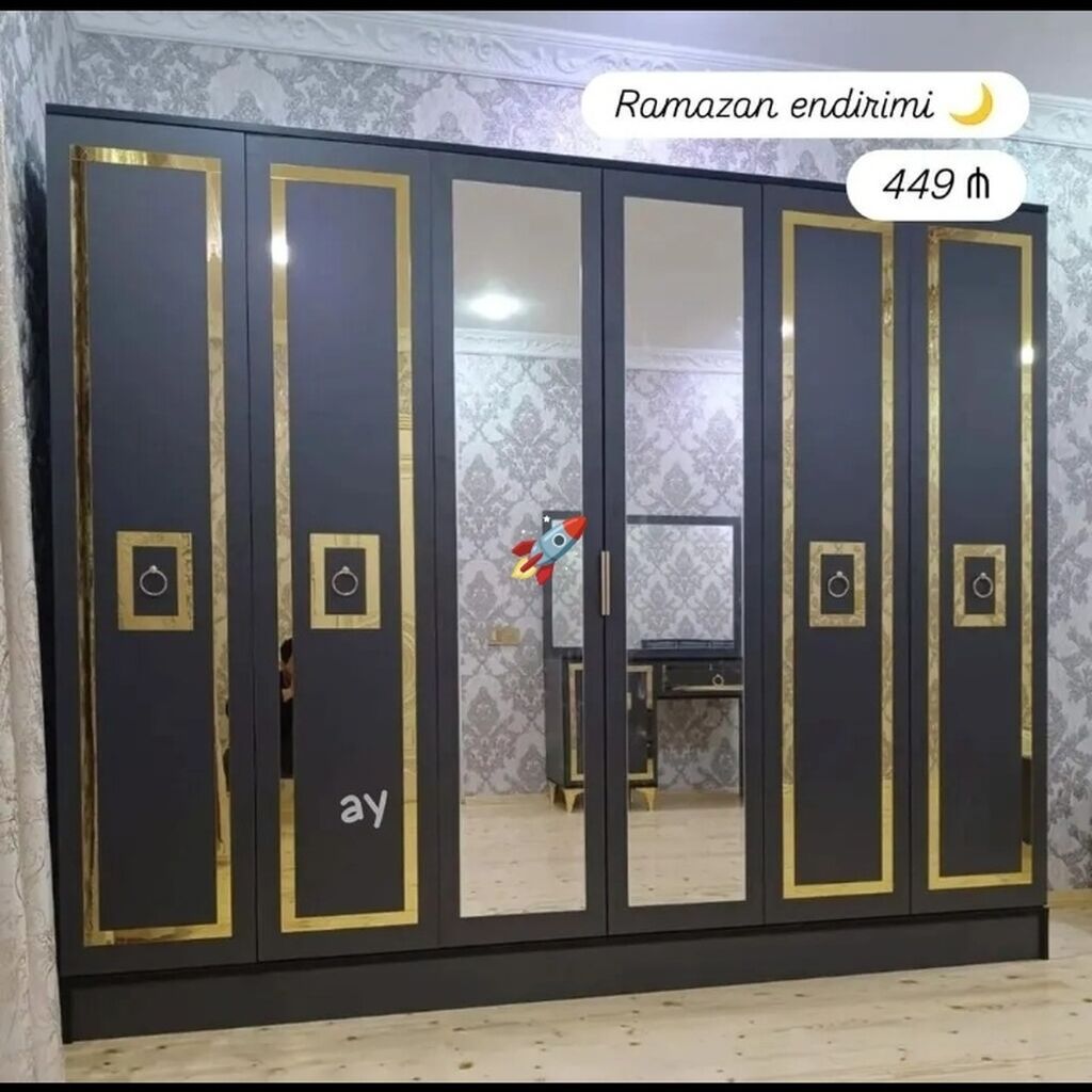Yeni, 6 qapı, Güzgülü, Qara, Açılan, Düz dolab — Şkaflar, Digah