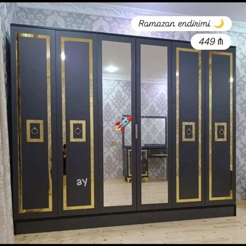 Yeni, 6 qapı, Güzgülü, Qara, Açılan, Düz dolab — Digah
