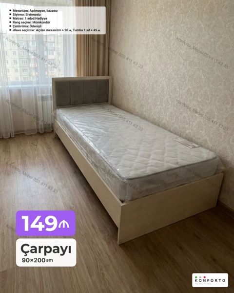 Çarpayı – 90×200 sm Xüsusiyyətlər: - Mexanizm: Açılmayan, bazasız — Bakı