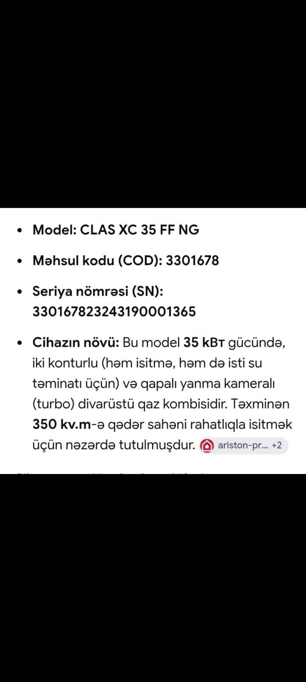 Ariston Clas XC 35 FF NG divar tipli qaz kombisi - Brend/model — Kombilər, Digah (5)