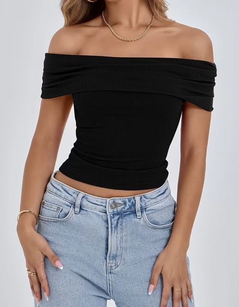 Qadınlar üçün off-shoulder qara top - Model: çiyinlərə düşən — Aysel