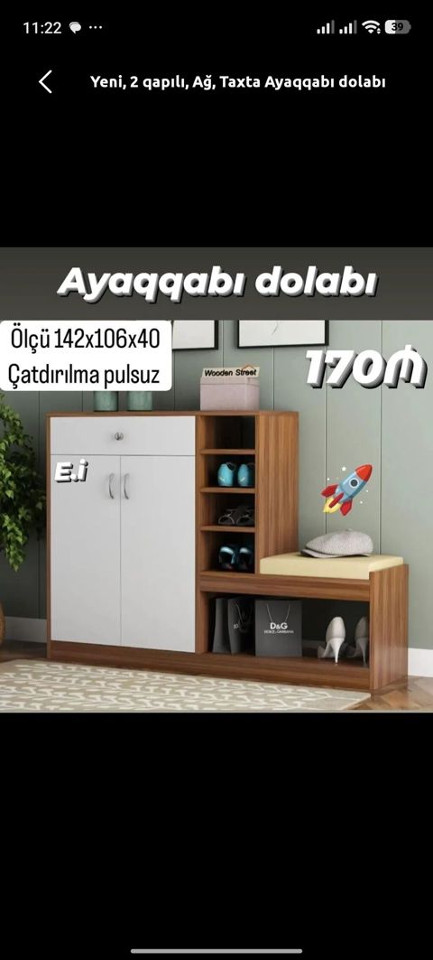 Yeni, 2 qapılı, Ağ, Taxta Ayaqqabı dolabı — Digah