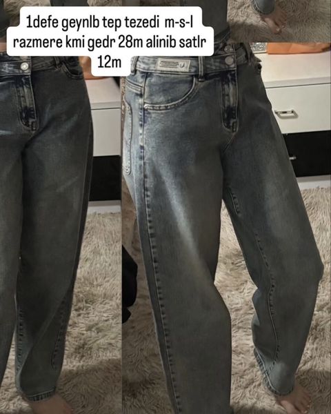 Geniş kəsimli boz/boz-mavi jeans şalvar. - Ölçü: M–S–L aralığına — Bakı