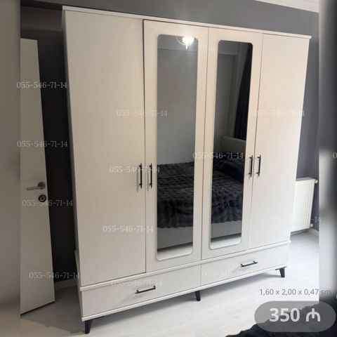 Yeni, 4 qapılı, Güzgülü, Ağ, Açılan, Düz dolab — Bakı