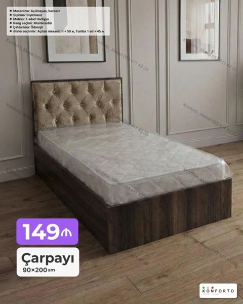 Çarpayı – 90×200 sm - Model: tək nəfərlik çarpayı, yumşaq kapitonlu — Bakı