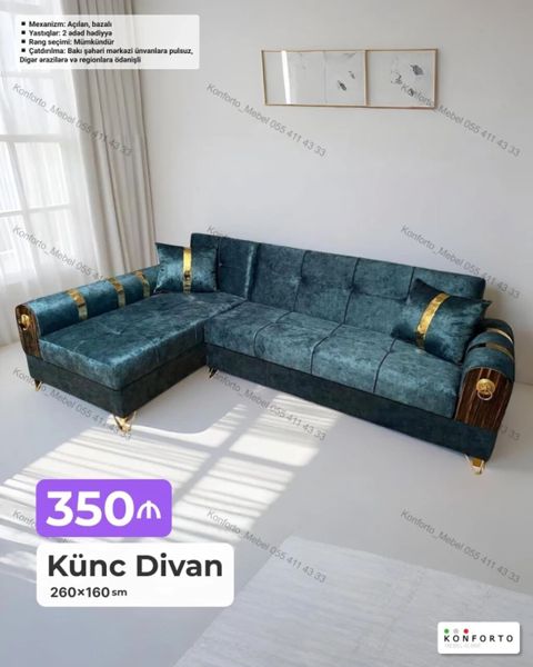 Künc Divan – 260×160 sm - Mexanizm: Açılan, bazalı (yorğan-döşək üçün — Bakı