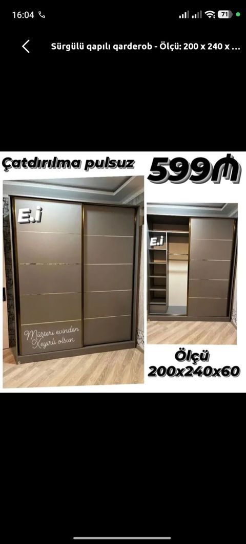 Sürgülü qapılı qarderob. Ölçüsü: 200x240x60 sm Müasir və səliqəli — Digah