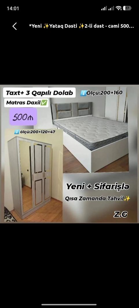 Yeni yataq dəsti – 2-li dəst Dəstə daxildir: - Taxt - 3 qapılı dolab — Digah