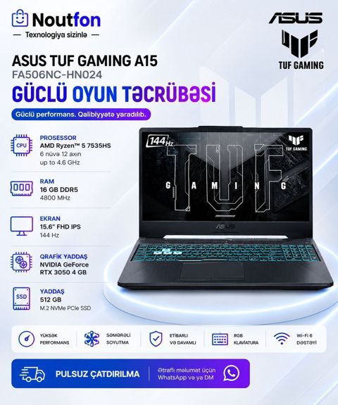 Yeni ASUS TUF Gaming, 15.6 AMD Ryzen 5, 512 GB, Ünvandan götürmə — Bakı