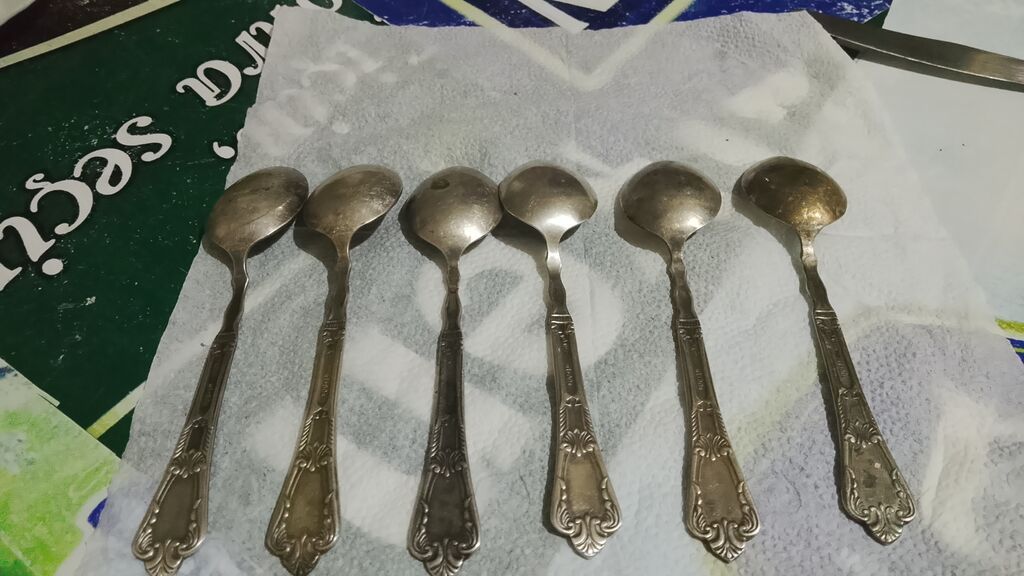 Antik çay qaşıqları dəsti – 6 ədəd - Material: melxior (nişan: МНЦ — Qaşıq, çəngəl, bıçaq, Bakı (2)