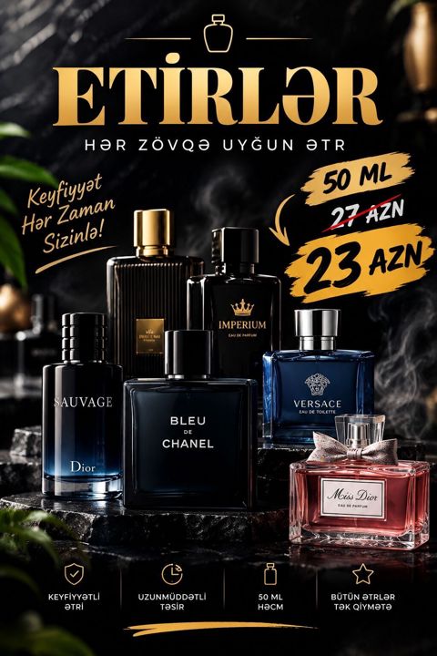 Ətirlərə böyük endirim 50 ml bütün ətirlər cəmi 23 AZN 27 — Bakı