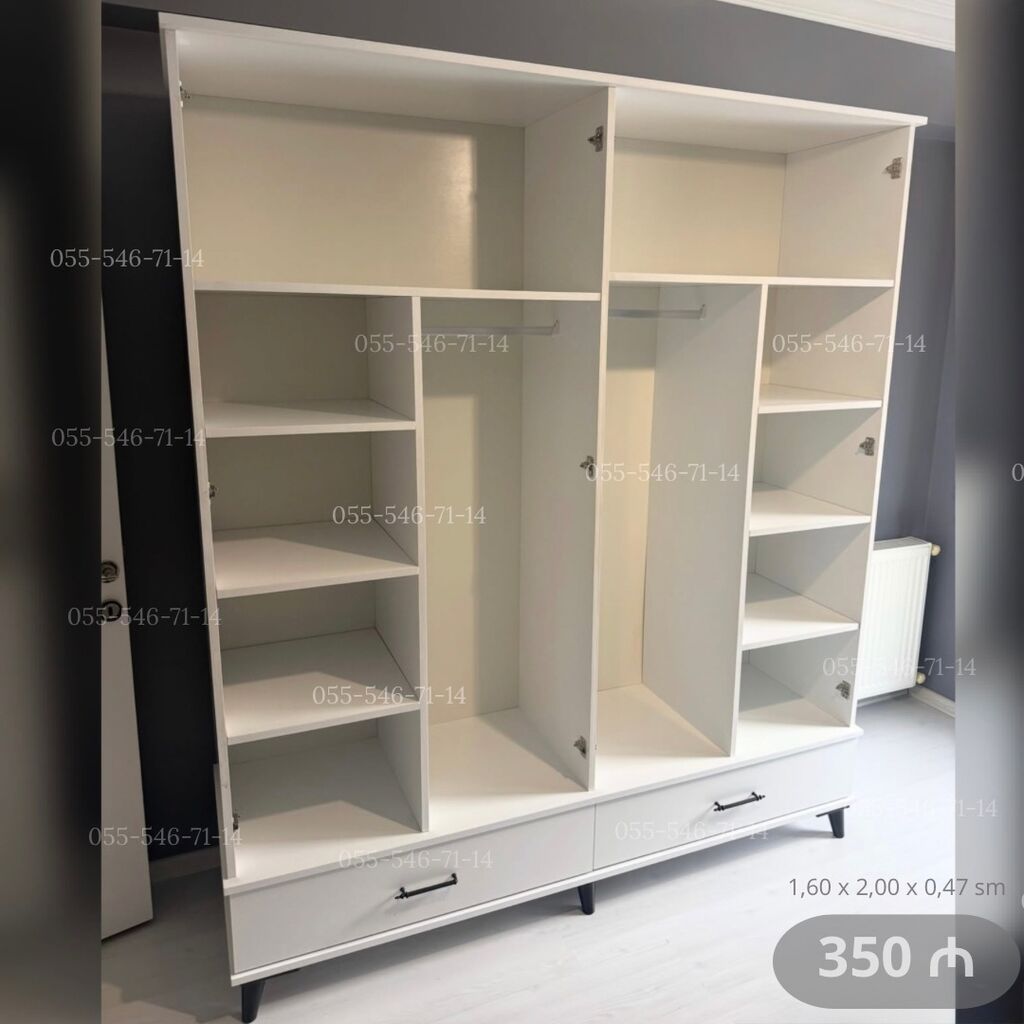 Yeni, 4 qapılı, Güzgülü, Ağ, Açılan, Düz dolab — Şkaflar, Bakı (2)