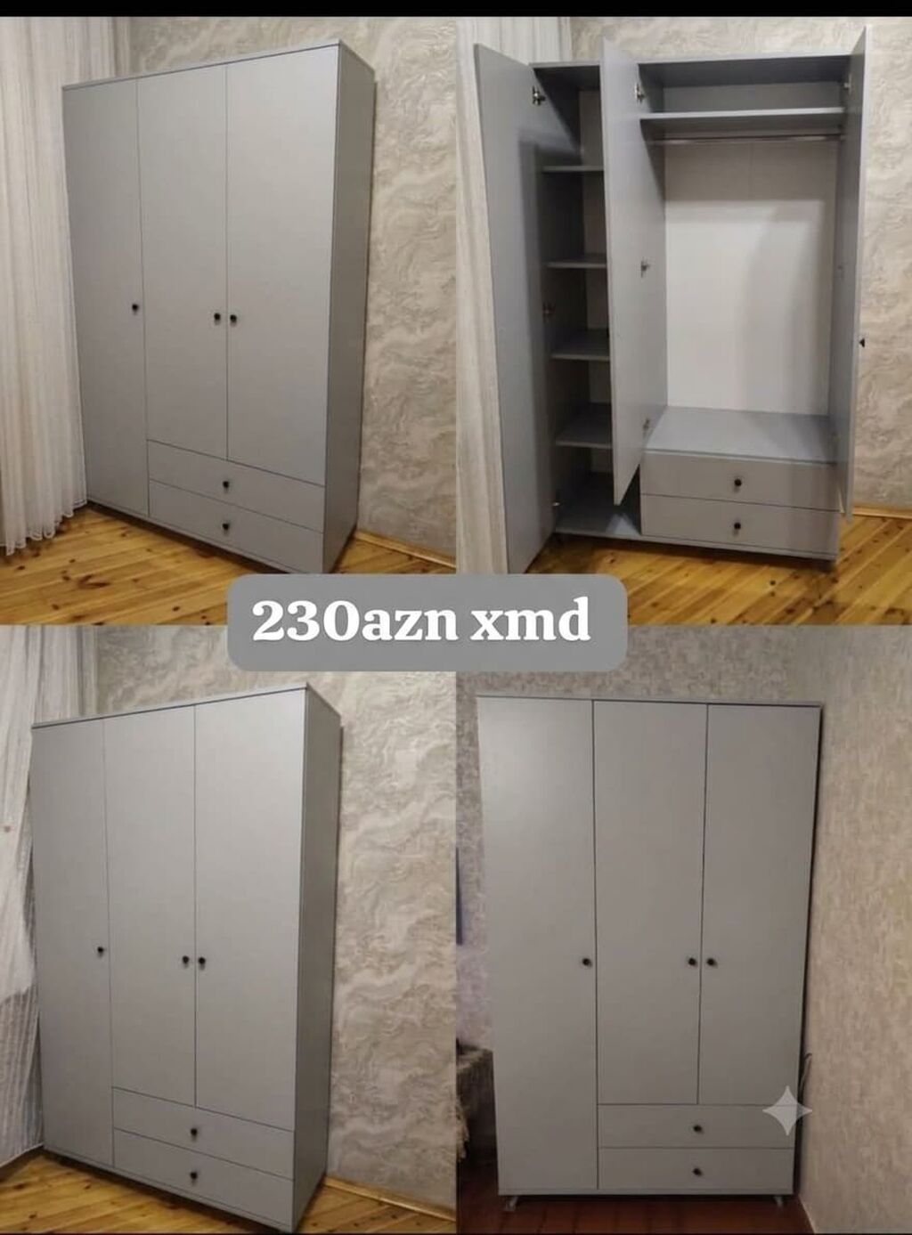 3 qapılı paltar dolabı - Rəng seçimləri: ağ, krem, boz - Daxili — Şkaflar, Bakı (3)
