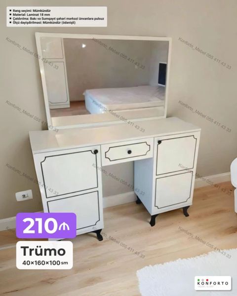Trümo – 40×160×100 sm - Geniş güzgülü, iki qapılı bölmə və ortada — Bakı