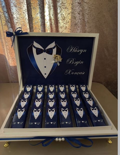 Mavi-qara frak dizaynlı, bəy mövzusunda xonça dəsti. – Ağ çərçivəli — Giftbuket_baku