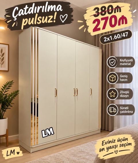 Dörd qapılı geyim dolabı – zərif və funksional dizayn Ölçü: 2 x — Digah
