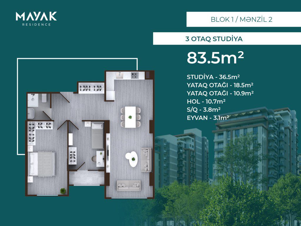 Satılır 3 otaqlı yeni tikili 83.5 m² — Mənzil, Bakı (2)