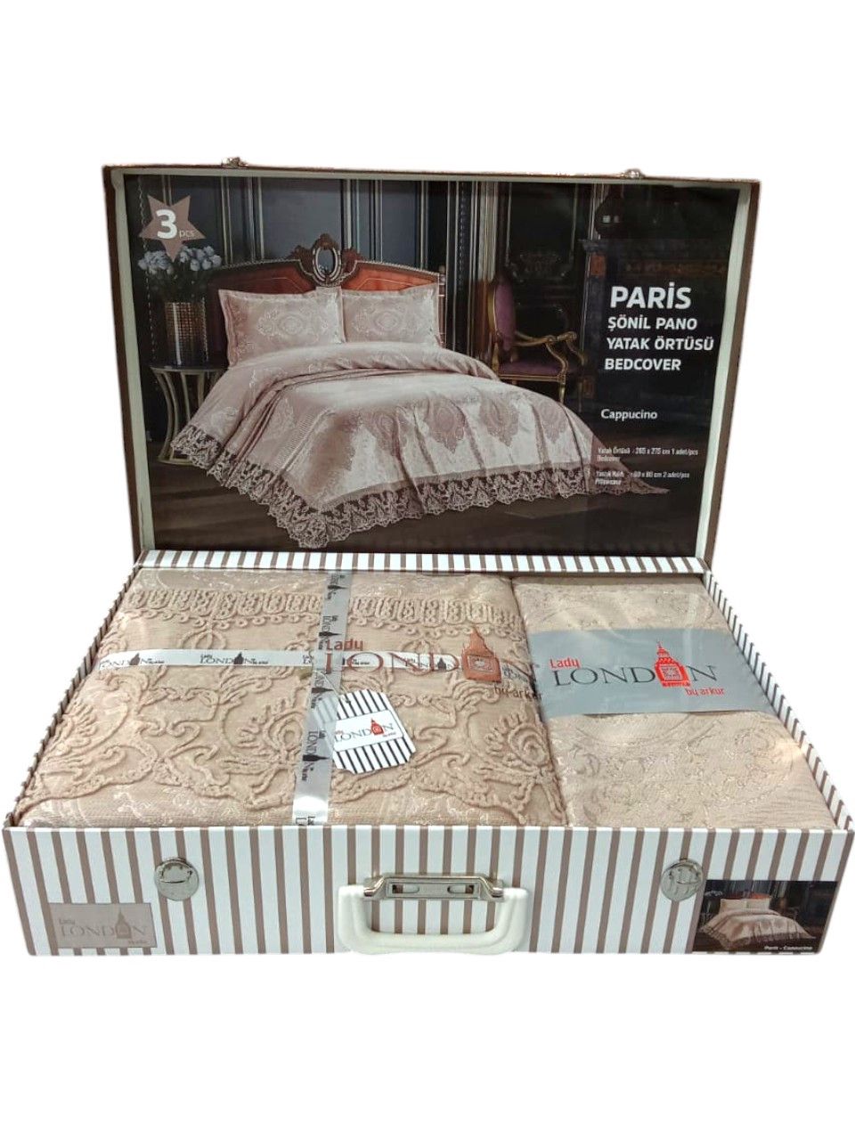 Örtük və yastıq üzü dəsti London Paris Cappucino HBT_00268, örtük 260x270 sm, yastıq üzü 60x80 sm 2 ədəd, ikinəfərlik, şönil kətan, bej — Mallar, Bakı (2)