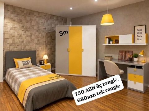 Gənc otağı mebel dəsti – sarı, boz və ağ tonlarda modern dizayn. Dəst — Bakı