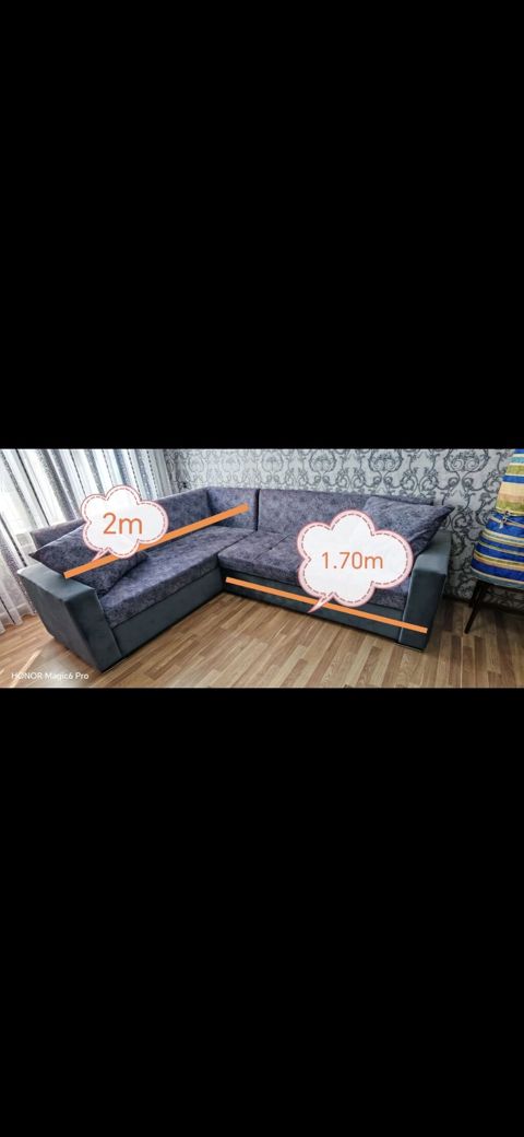 Künc divanı – ölçülər şəkildə qeyd olunub: - Uzun tərəf: 2 m - Qısa — Bakı