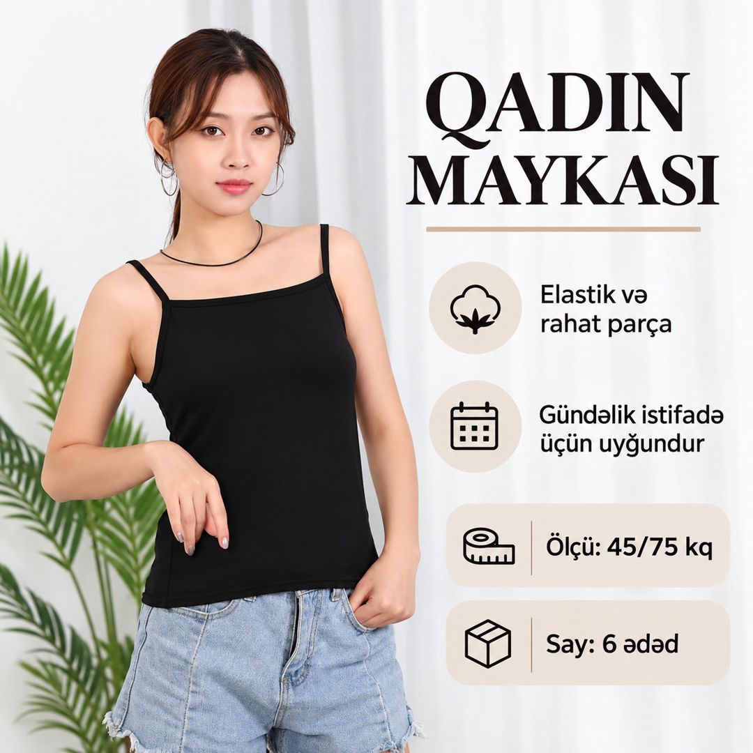Qadın üçün mayka, pambıq, qara, 6 əd, ölçü One size — Mallar, Bakı