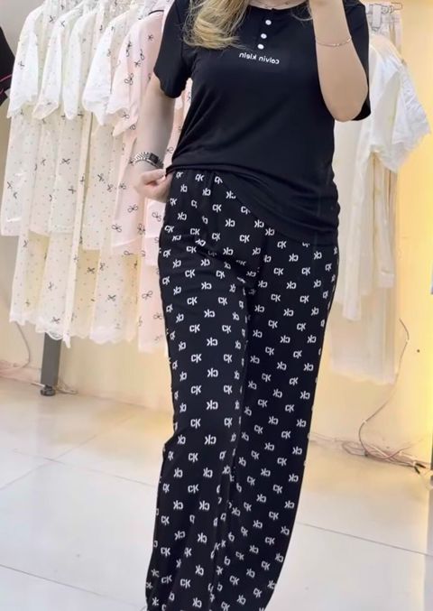 Qadın pijama dəsti – qısaqol köynək və uzun şalvar - Üst: qara — Bakı