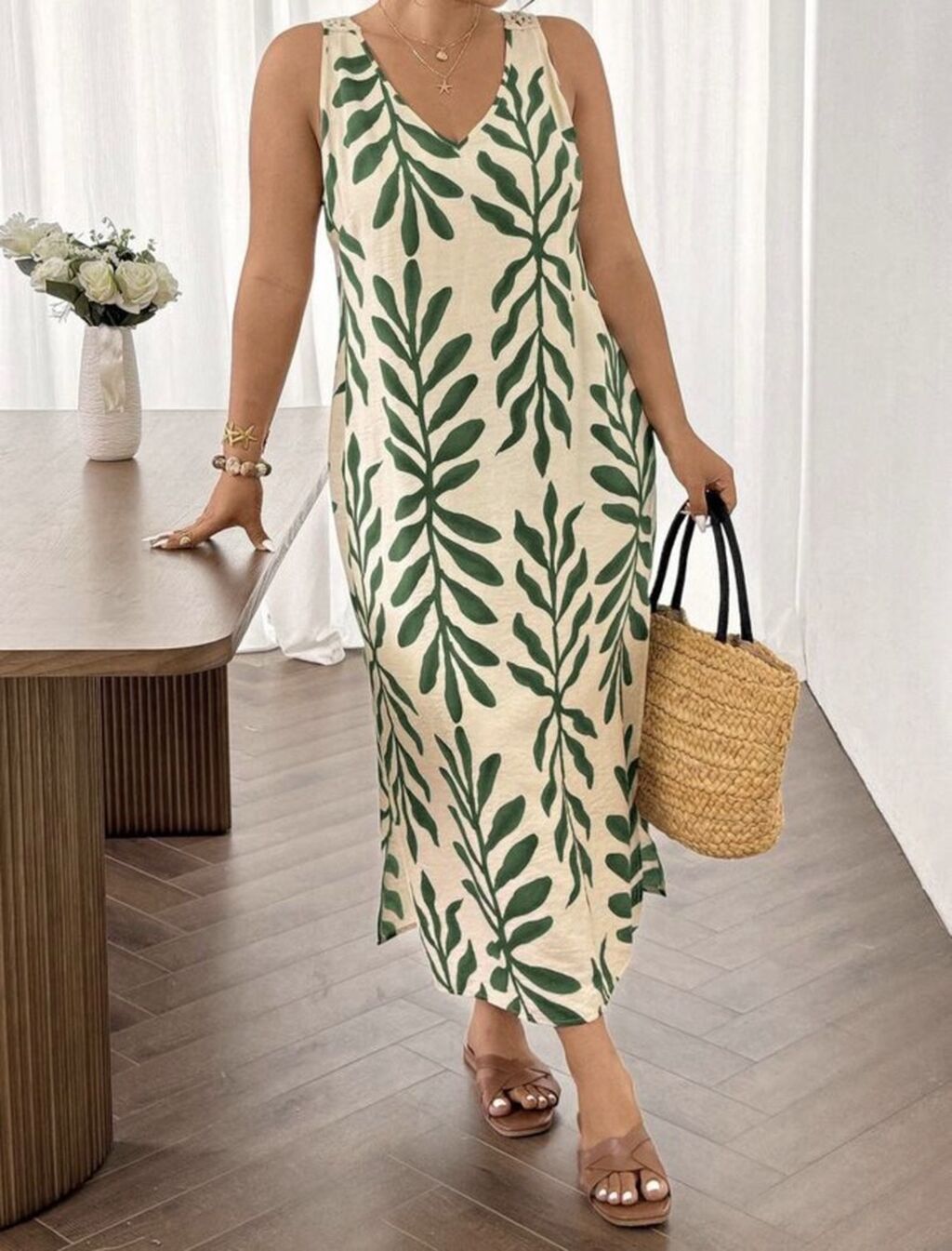 Yarpaq naxışlı maxi yay donu - Model: qolçinsiz, V-yaxa, düz kəsim — Gündəlik paltarlar, Bakı (3)