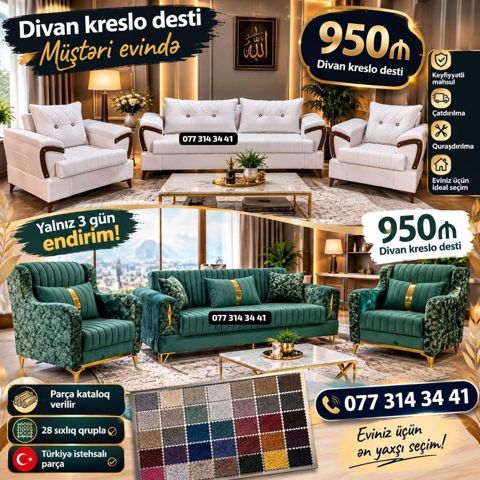Divan-kreslo dəsti - Model: 3+1+1 komplekt (bir divan, iki kreslo) — Bakı