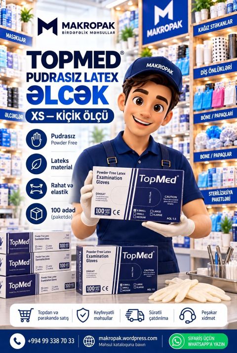 TopMed pudrasız lateks müayinə əlcəyi — XS ölçü Dəqiqlik, rahatlıq — Masazır