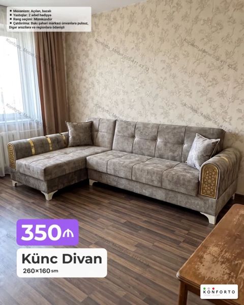 Künc divan – 260×160 sm Mexanizm: açılan, baza ilə (yataq — Bakı