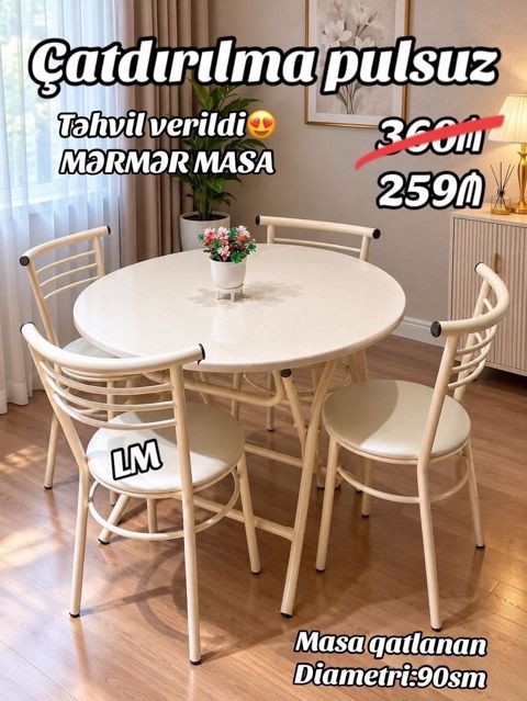Yeni Mərmər Masa Dəsti - Qatlanan dairəvi masa + 4 stul - Masa — Bakı