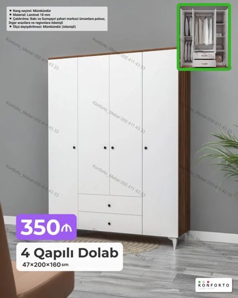 4 qapılı paltar dolabı – 47×200×160 sm - Material: 18 mm laminat — Bakı