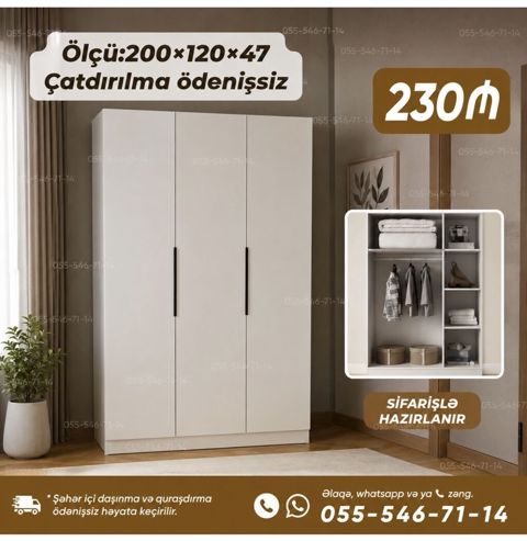 Üç qapılı geyim dolabı - Ölçü: 200 120 47 sm - Daxili quruluş — Bakı