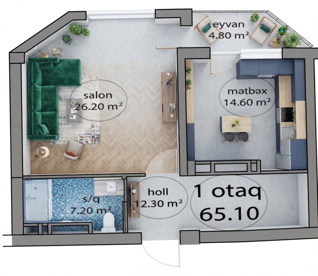 Satılır 1 otaqlı yeni tikili 65.1 m² — Mənzil, Bakı (2)