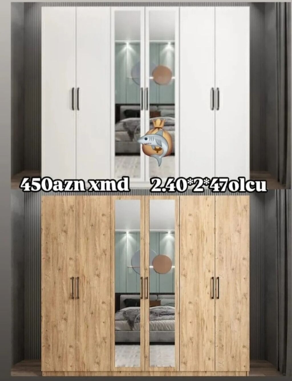 Yeni, 6 qapı, Güzgülü, Ağ, Açılan, Düz dolab — Şkaflar, Digah