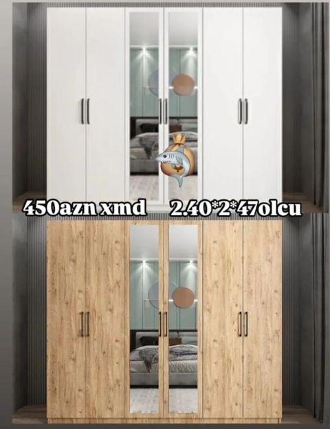 Yeni, 6 qapı, Güzgülü, Ağ, Açılan, Düz dolab — Digah